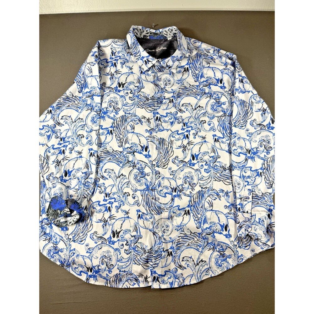 Robert Graham Shirt Mens 5XL Long Sleeve Button Flip Cuff White Blue Skull AOP